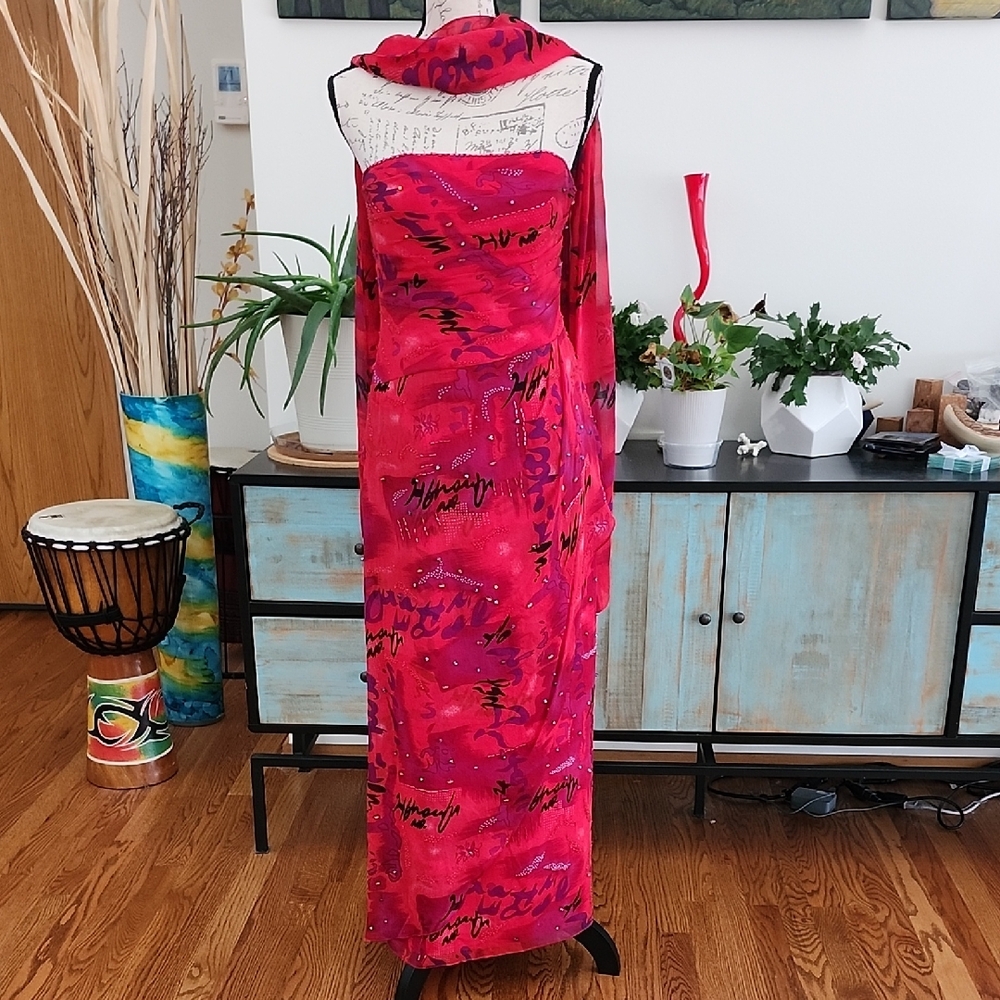 Victoria Royal by Mary Bays Silk Beaded Strapless Dress & Scarf
